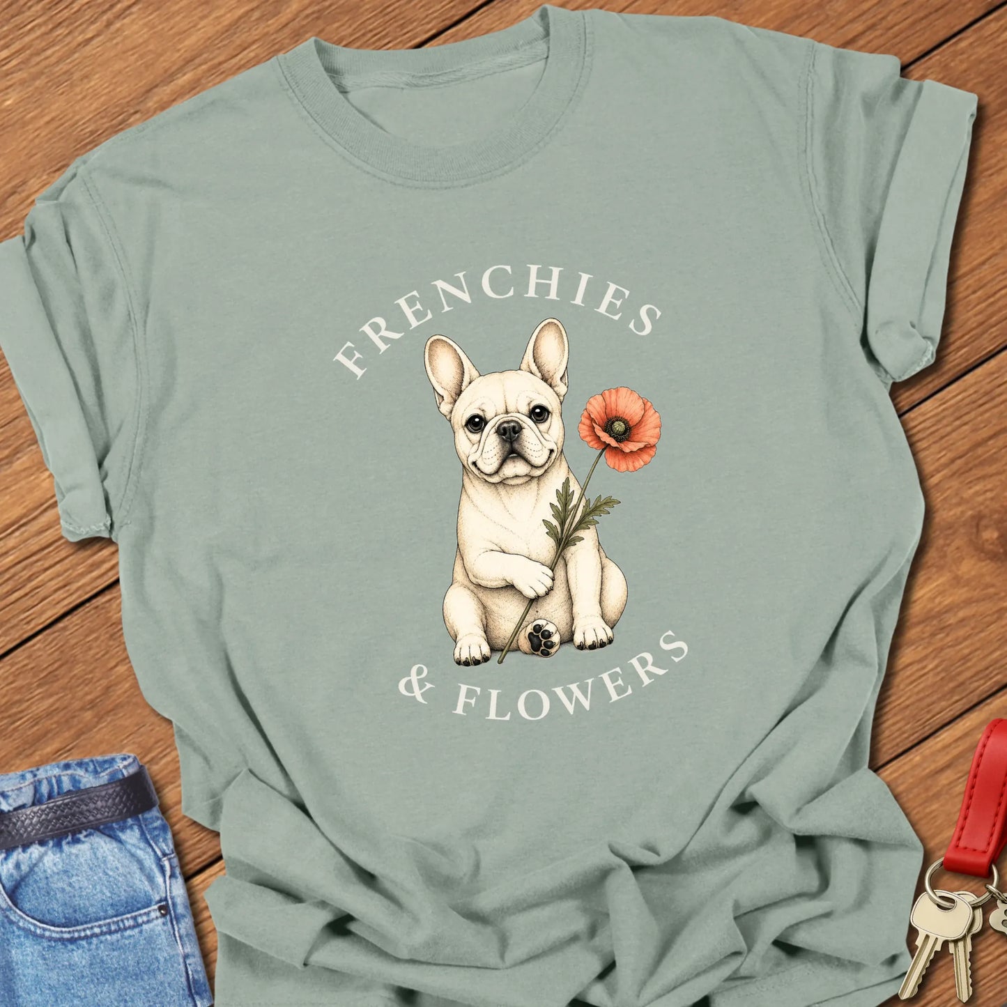 Frenchie Poppy botanical French Bulldog illustration with red poppy and Frenchies & Flowers typography printed on Comfort Colors® t-shirt in Bay Color