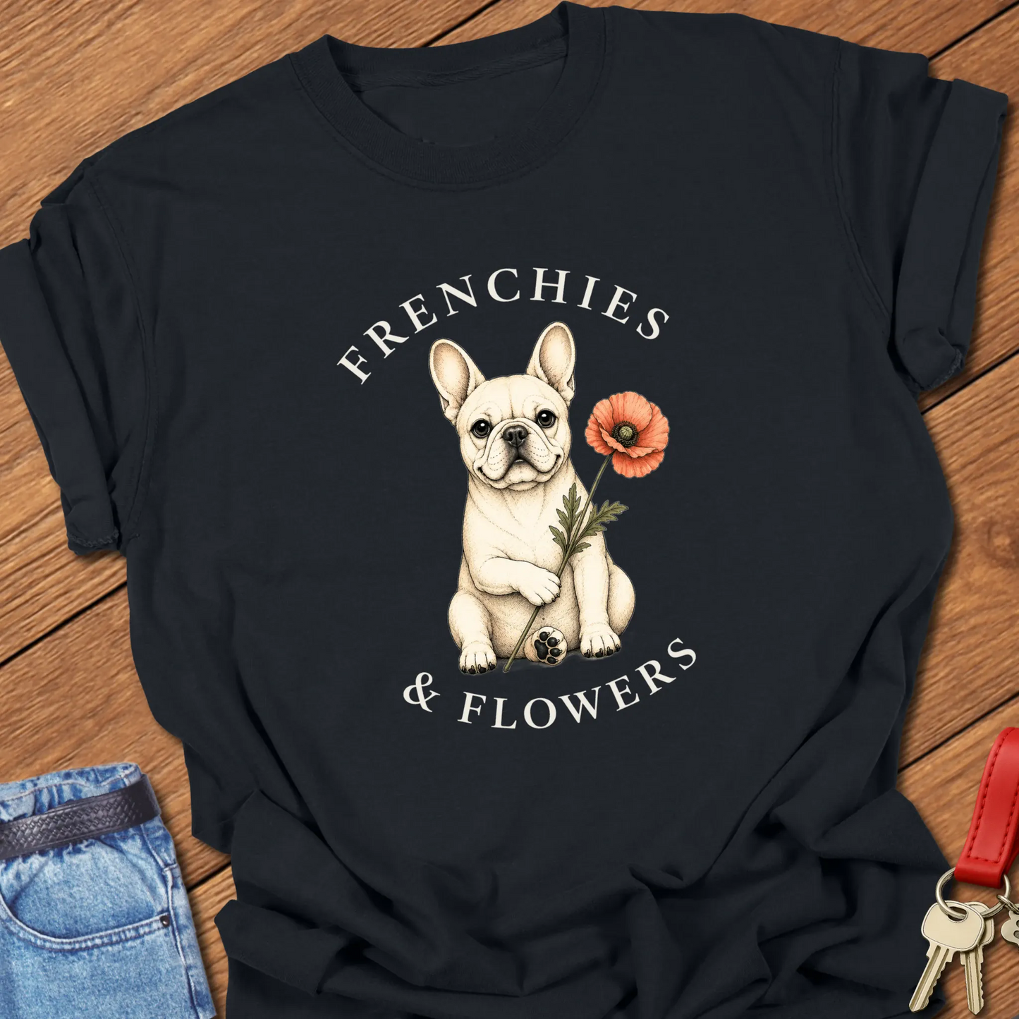 Frenchie Poppy botanical French Bulldog illustration with red poppy and Frenchies & Flowers typography printed on Comfort Colors® t-shirt in Black Color