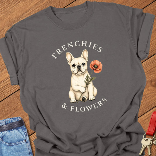 Frenchie Poppy botanical French Bulldog illustration with red poppy and Frenchies & Flowers typography printed on Comfort Colors® t-shirt in Pepper Color