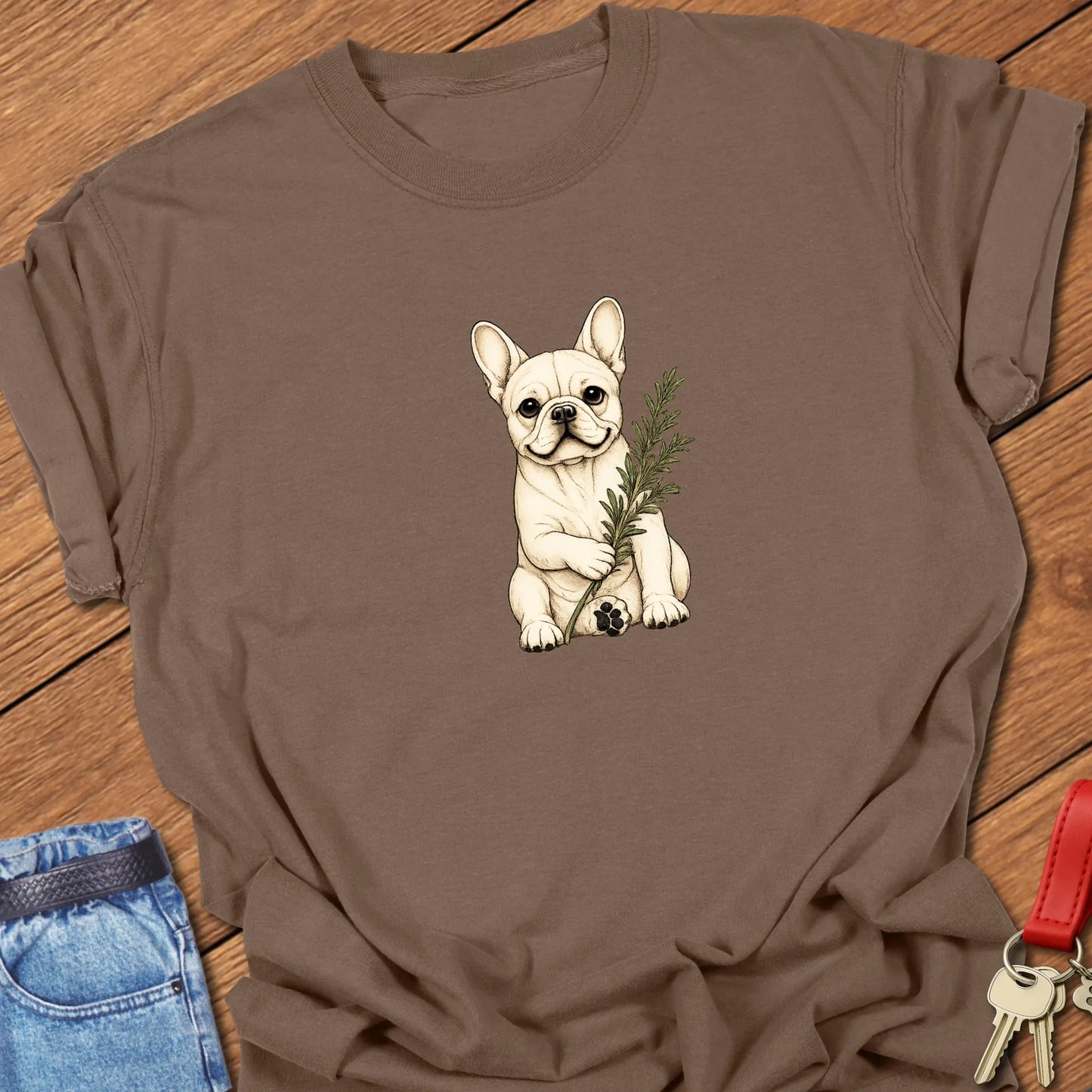 Frenchie Rosemary Art cream French Bulldog holding rosemary sprig printed on Comfort Colors® t-shirt in Espresso Color