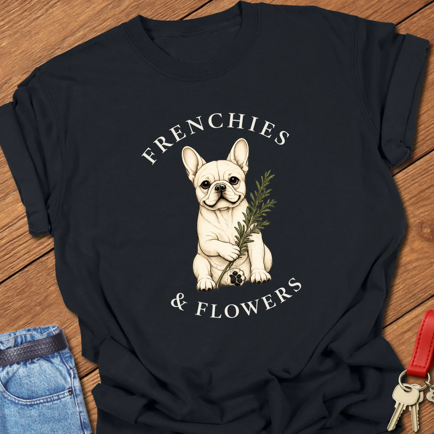 Frenchie Rosemary botanical French Bulldog illustration with rosemary sprig and Frenchies & Flowers typography printed on Comfort Colors® t-shirt in Black Color