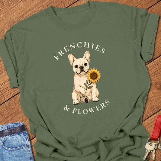 Frenchie Sunflower botanical French Bulldog illustration with sunflower and Frenchies & Flowers typography printed on Comfort Colors® t-shirt in Moss Color