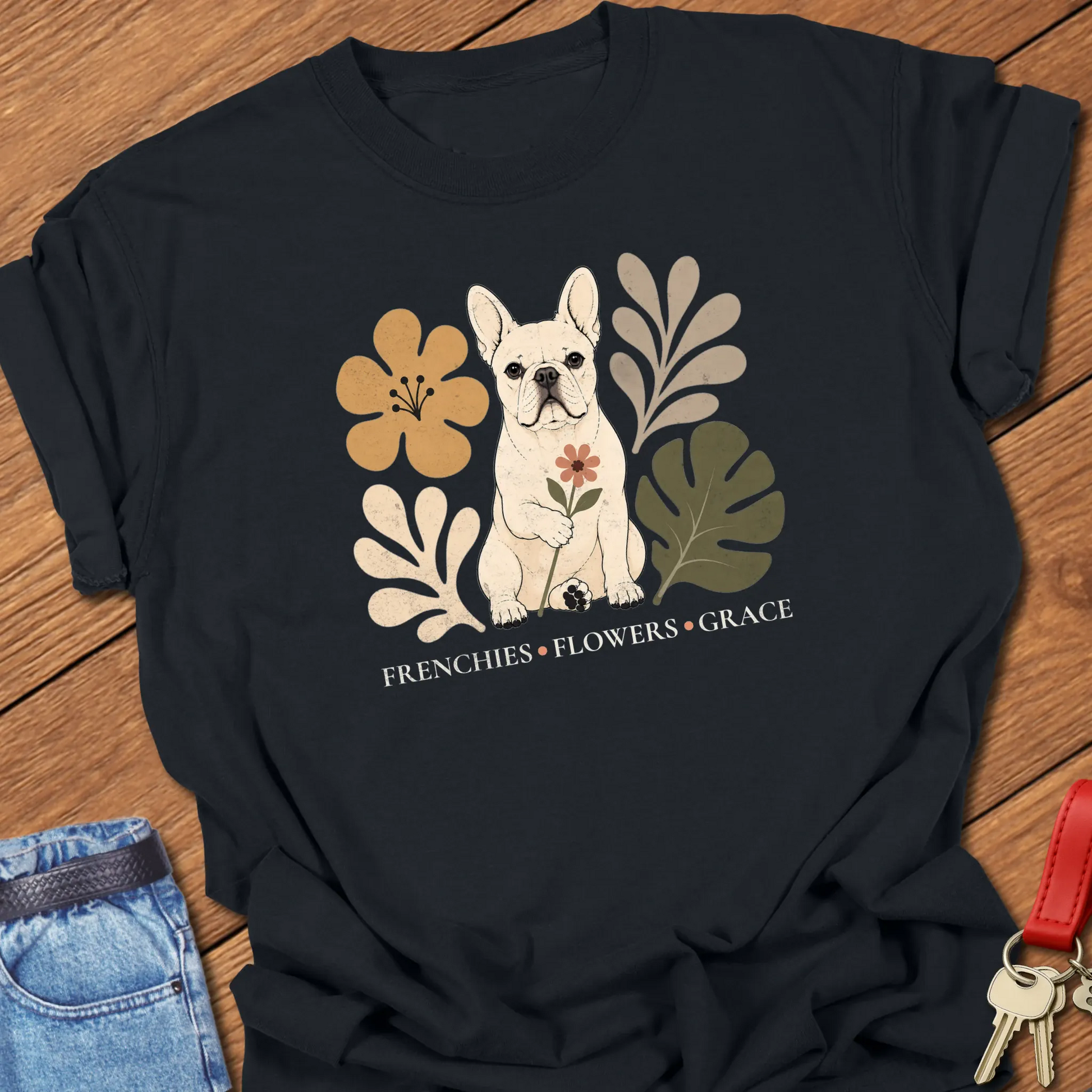 Cream French Bulldog holding a flower surrounded by modern botanical artwork with the phrase "Frenchies • Flowers • Grace" printed on a Comfort Colors® garment-dyed t-shirt in Black color.