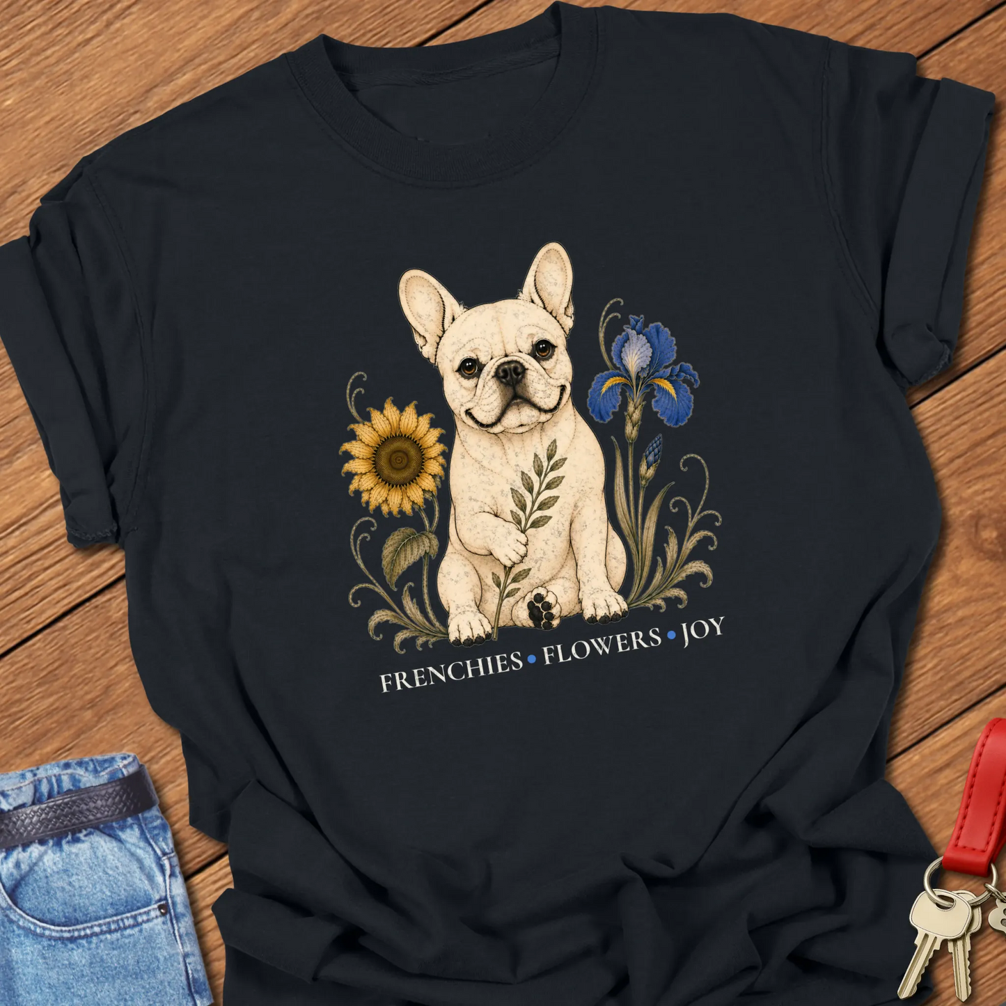 French Bulldog surrounded by sunflower, iris, and botanical greenery with the phrase "Frenchies Flowers Joy" printed on a Comfort Colors® garment-dyed t-shirt in Black color.