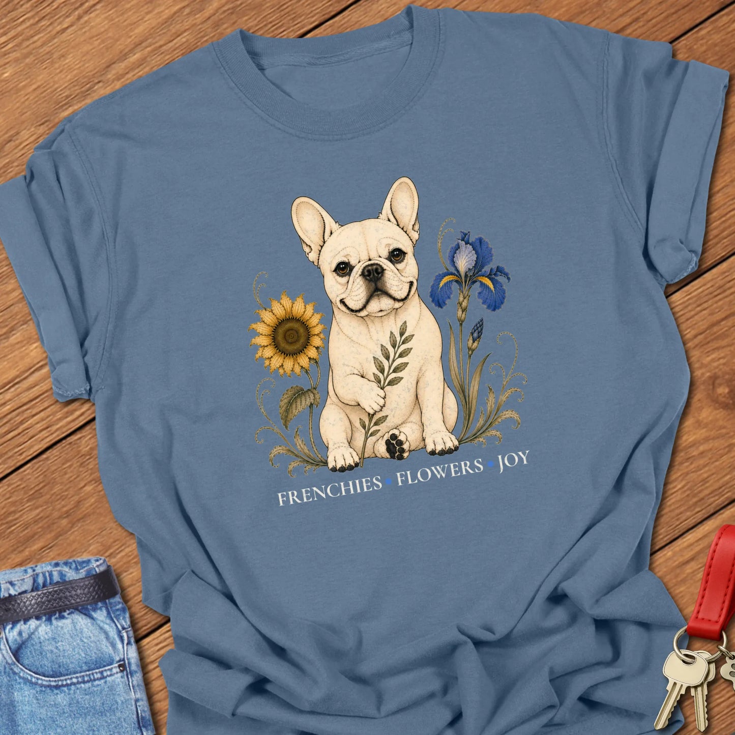 French Bulldog surrounded by sunflower, iris, and botanical greenery with the phrase "Frenchies Flowers Joy" printed on a Comfort Colors® garment-dyed t-shirt in Blue Jean color.