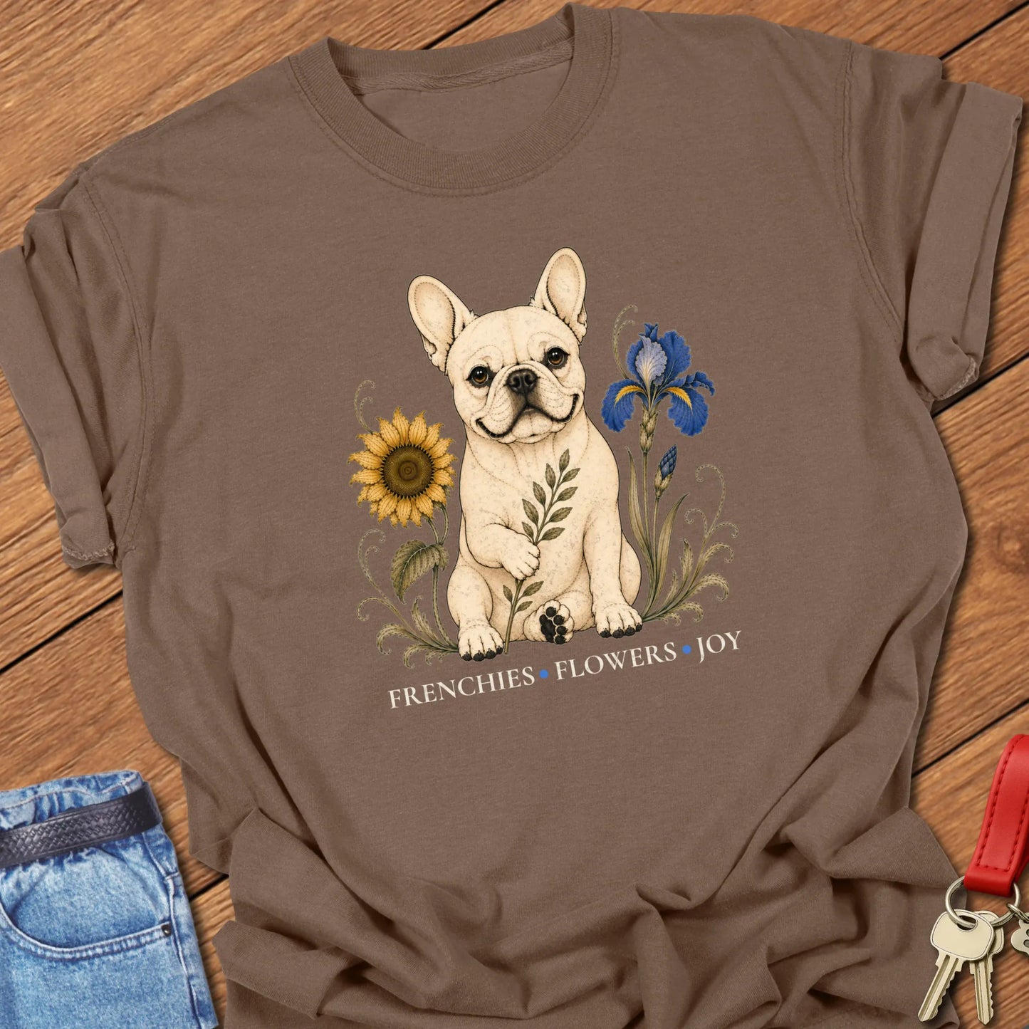 French Bulldog surrounded by sunflower, iris, and botanical greenery with the phrase "Frenchies Flowers Joy" printed on a Comfort Colors® garment-dyed t-shirt in Espresso color.