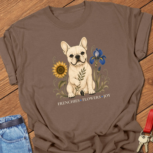 French Bulldog surrounded by sunflower, iris, and botanical greenery with the phrase "Frenchies Flowers Joy" printed on a Comfort Colors® garment-dyed t-shirt in Espresso color.