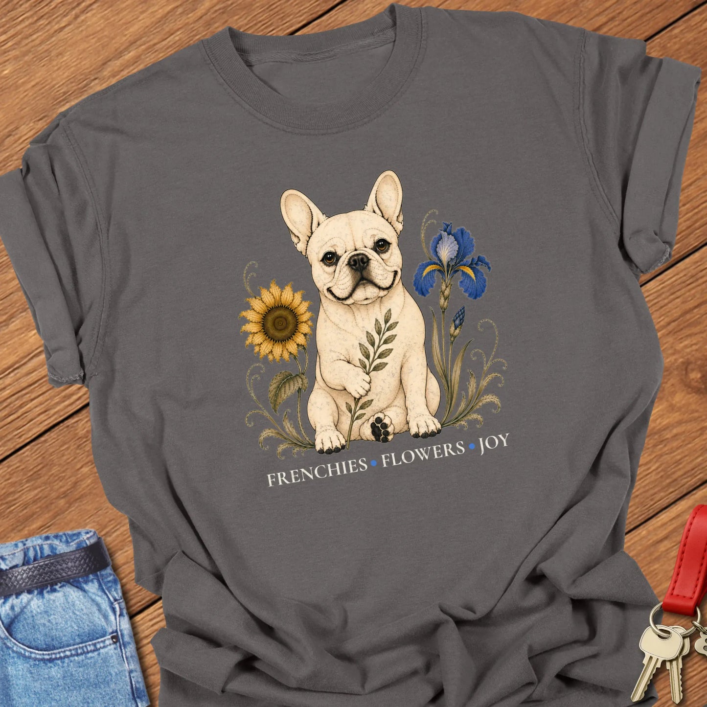 French Bulldog surrounded by sunflower, iris, and botanical greenery with the phrase "Frenchies Flowers Joy" printed on a Comfort Colors® garment-dyed t-shirt in Pepper color.